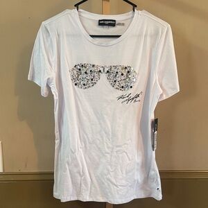Karl Lagerfeld White T-Shirt with Embellished Sunglasses Design